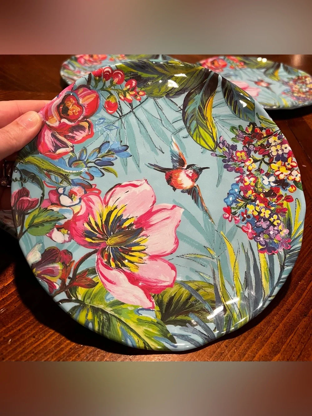 Pier 1 Exclusive Melamine Tropical Hummingbird Floral Plates 8.5 Inch Set of 4